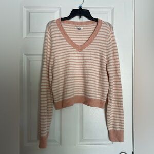 American Eagle Outfitters Pink and White V-Neck Sweater